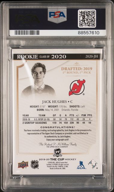 2019 UPPER DECK THE CUP ROOKIE CLASS OF 2020 JACK HUGHES JH GOLD FOIL PSA 8 /75