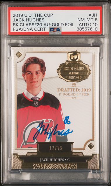 2019 UPPER DECK THE CUP ROOKIE CLASS OF 2020 JACK HUGHES JH GOLD FOIL PSA 8 /75