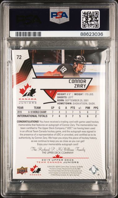2019 UPPER DECK TEAM CANADA JUNIORS CONNOR ZARY 72 PREMIUM SWATCH AUTO PSA7 /199