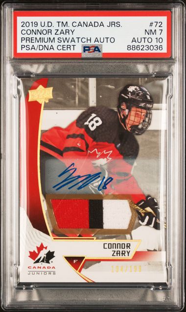 2019 UPPER DECK TEAM CANADA JUNIORS CONNOR ZARY 72 PREMIUM SWATCH AUTO PSA7 /199
