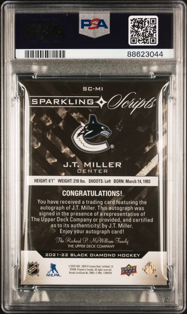 2021 UPPER DECK BLACK DIAMOND SPARKLING SCRIPTS J.T. MILLER   SCMI  SPRKL.SCRIPTS-SPCTR. PSA EX 5  /25