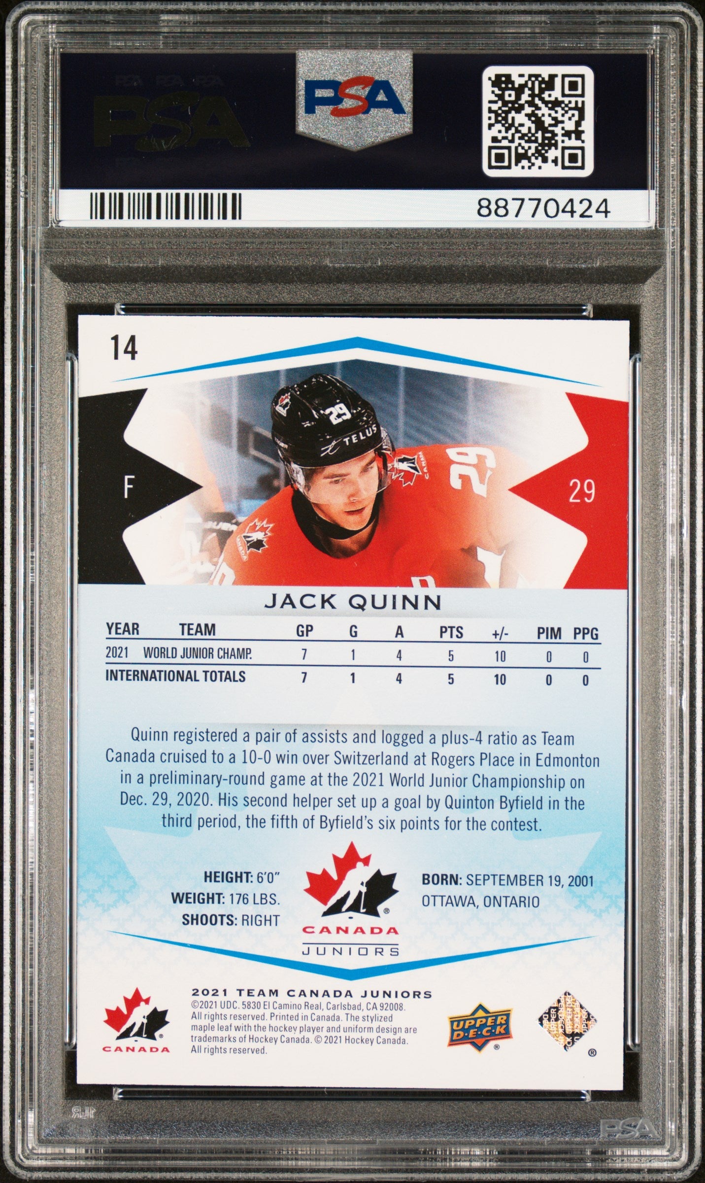 2021-2022 UPPER DECK TEAM CANADA JUNIORS JACK QUINN   14  BLUE PSA NM-MT 8