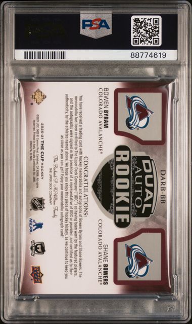 2020 UPPER DECK THE CUP DUAL AUTO ROOKIE BOOKMARKS BYRAM/BOWERS DARBBB PSA 7 /18