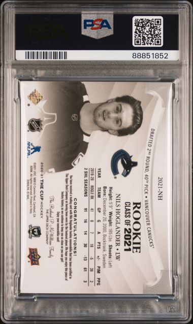 2020 UPPER DECK THE CUP ROOKIE CLASS OF 2021 NILS HOGLANDER   2021NH  ROOKIE CLASS OF 2021-PATCH PSA GEM MT 10  /49