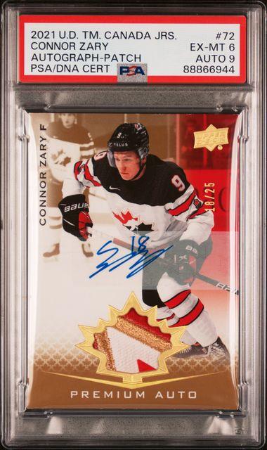 2021-2022 UPPER DECK TEAM CANADA JUNIORS CONNOR ZARY 72 AUTO-PATCH PSA 6 /25