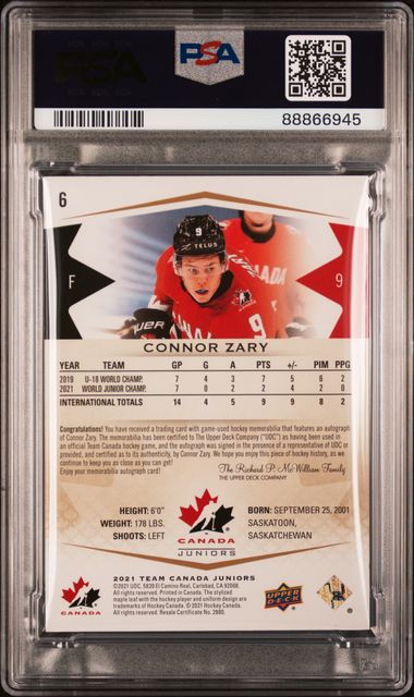 2021-2022 UPPER DECK TEAM CANADA JUNIORS CONNOR ZARY 6 AUTO-PATCH PSA 8 /199