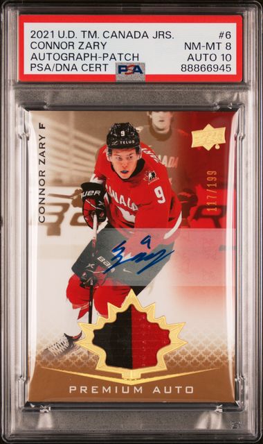 2021-2022 UPPER DECK TEAM CANADA JUNIORS CONNOR ZARY 6 AUTO-PATCH PSA 8 /199