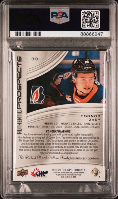 2019 SP GAME USED CHL HOCKEY CONNOR ZARY 30 RED AUTOGRAPH PATCH /90 PSA NM 7