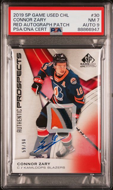 2019 SP GAME USED CHL HOCKEY CONNOR ZARY 30 RED AUTOGRAPH PATCH /90 PSA NM 7
