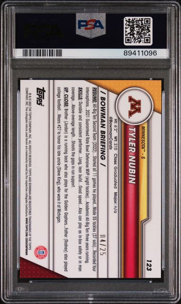2023 BOWMAN UNIVERSITY CHROME TYLER NUBIN   123  ORANGE SURGE REFRACTOR PSA GEM MT 10  /25