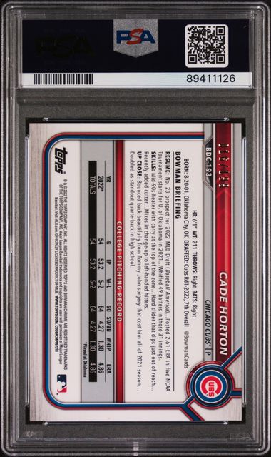 2022 BOWMAN DRAFT CADE HORTON   BDC193 AQUA LAVA REFRACTOR PSA MINT 9 /199