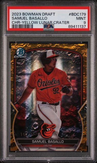 2023 BOWMAN DRAFT SAMUEL BASALLO   BDC179  CHR-YLW LUNAR CRATER REF PSA MINT 9  /75
