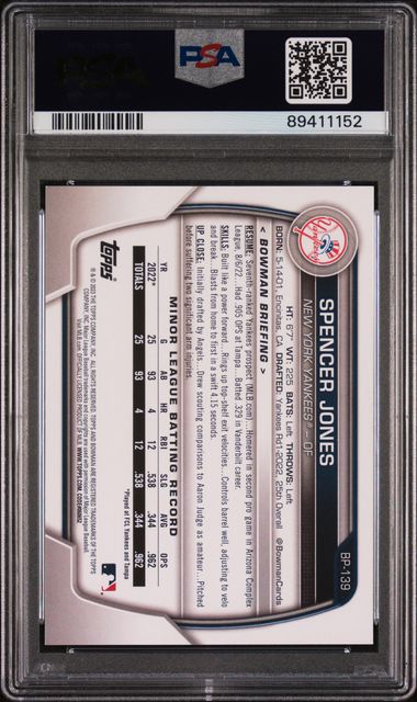 2023 BOWMAN PAPER PROSPECTS SPENCER JONES   BP139  PAPER PROS-GREEN PATTERN PSA MINT 9