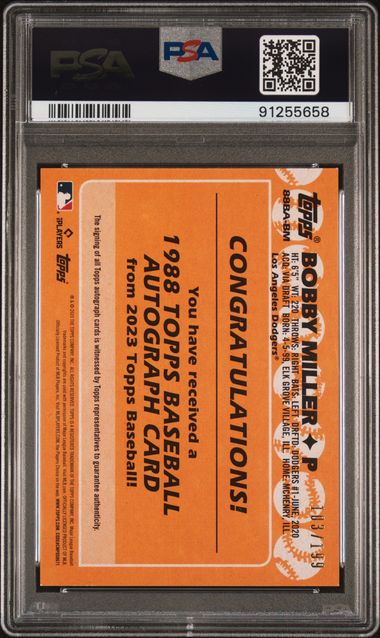 2023 TOPPS UPDATE 1988 BASEBALL AUTO BOBBY MILLER BM BLACK PSA 8 /199