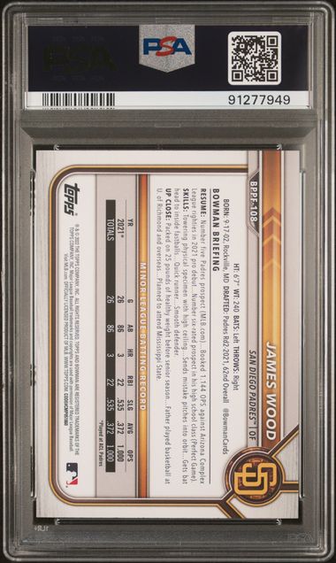 2022 BOWMAN 1ST EDITION JAMES WOOD   BPPF108  YELLOW FOIL PSA GEM MT 10  /75