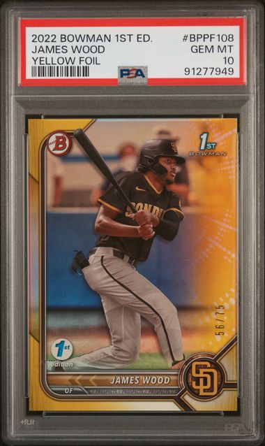 2022 BOWMAN 1ST EDITION JAMES WOOD   BPPF108  YELLOW FOIL PSA GEM MT 10  /75