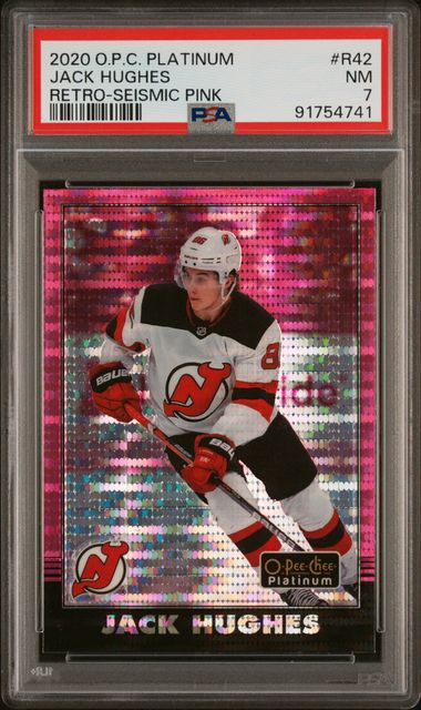 2020 O-PEE-CHEE PLATINUM RETRO JACK HUGHES   R42  RETRO-SEISMIC PINK PSA NM 7