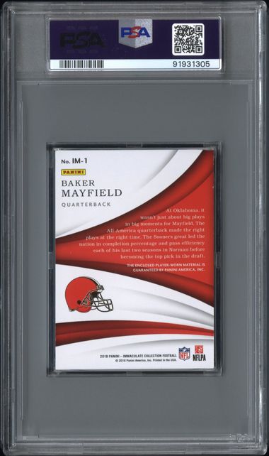 2018 PANINI IMMACULATE COLLECTION IMMACULATE PATCHES BAKER MAYFIELD IM1 PSA8 /19