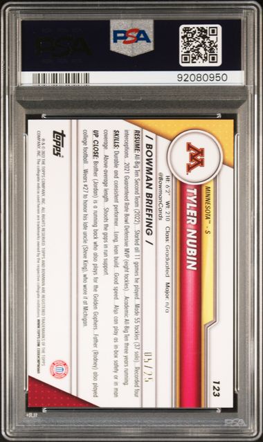 2023 BOWMAN UNIVERSITY CHROME TYLER NUBIN   123  ORANGE REFRACTOR PSA MINT 9  /25