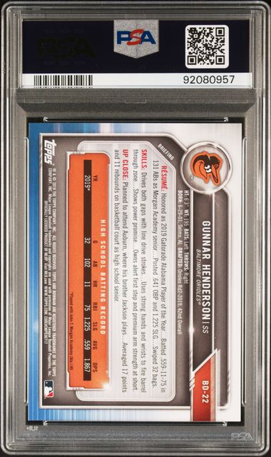 2019 BOWMAN DRAFT GUNNAR HENDERSON   BD22   PSA NM 7