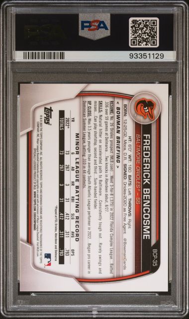 2023 BOWMAN CHROME PROSPECTS FREDERICK BENCOSME BCP35 BLUE SHIMMER PSA 10 /150