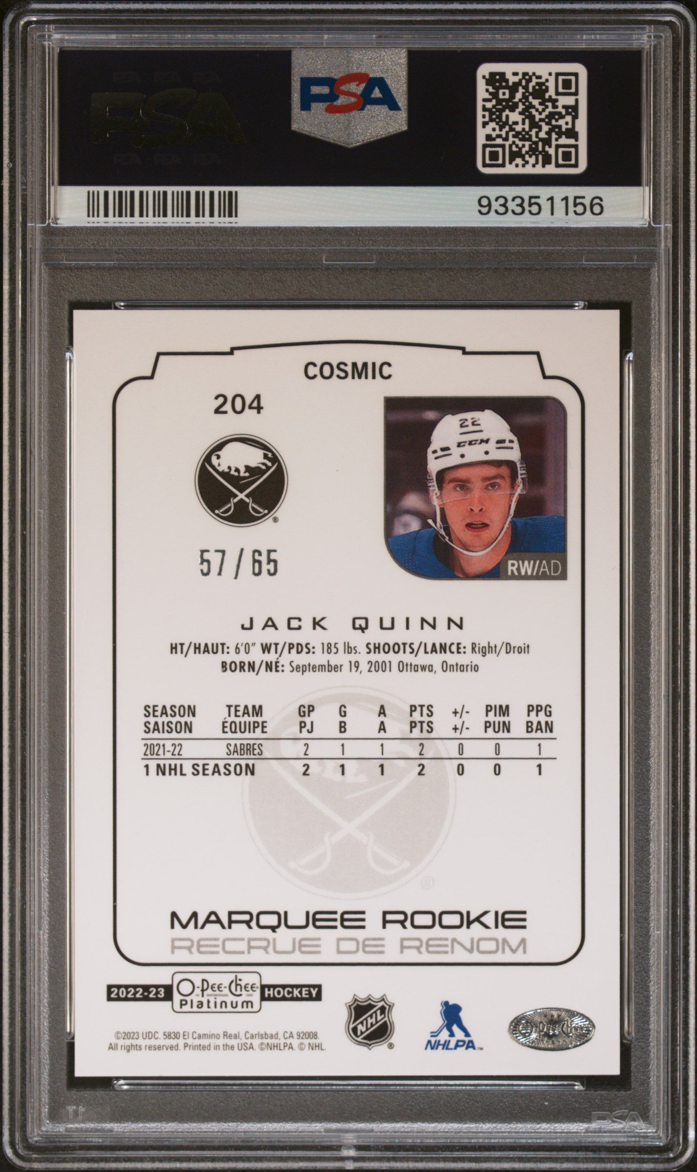 2022 O-PEE-CHEE PLATINUM JACK QUINN #204 COSMIC /65 PSA GEM MT 10