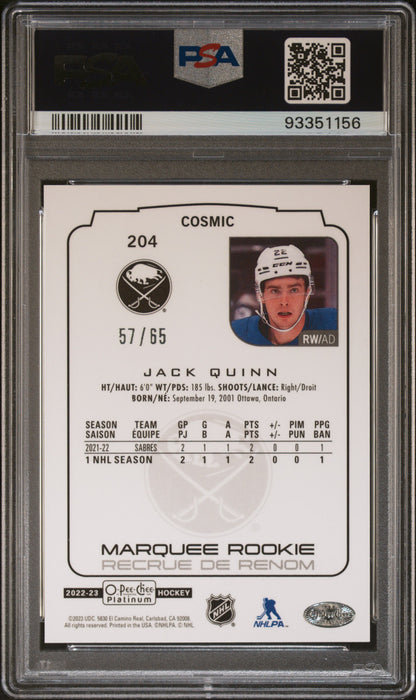 2022 O-PEE-CHEE PLATINUM JACK QUINN #204 COSMIC /65 PSA GEM MT 10