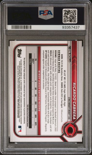 2022 BOWMAN CHROME PROSPECT AUTOGRAPHS RICARDO CABRERA CPARCA PSA 10