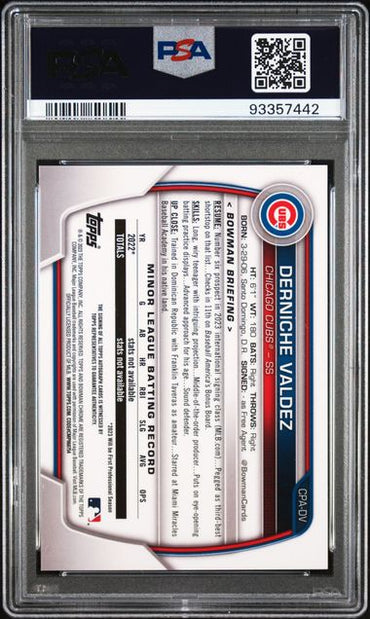 2023 BOWMAN CHROME PROSPECT AUTOGRAPHS DERNICHE VALDEZ   CPADV  CHROME PROSPECT AU PSA MINT 9