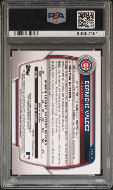 2023 BOWMAN CHROME PROSPECT AUTOGRAPHS DERNICHE VALDEZ CPADV BLUE PSA 9 /150