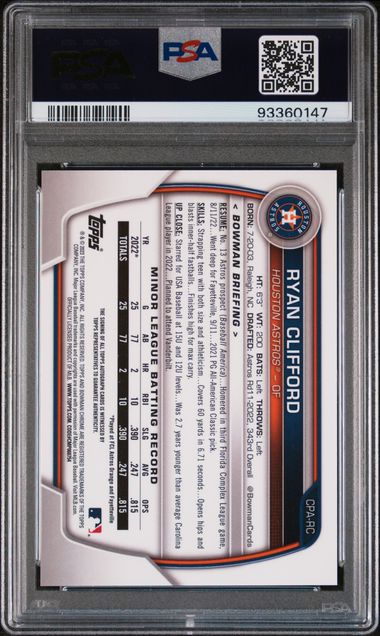 2023 BOWMAN CHROME PROSPECT AUTOGRAPHS RYAN CLIFFORD CPARC SPECKLE PSA 10 /299