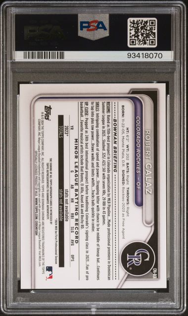 2024 BOWMAN CHROME PROSPECT AUTOGRAPHS ROBERT CALAZ   CPARCA   PSA GEM MT 10