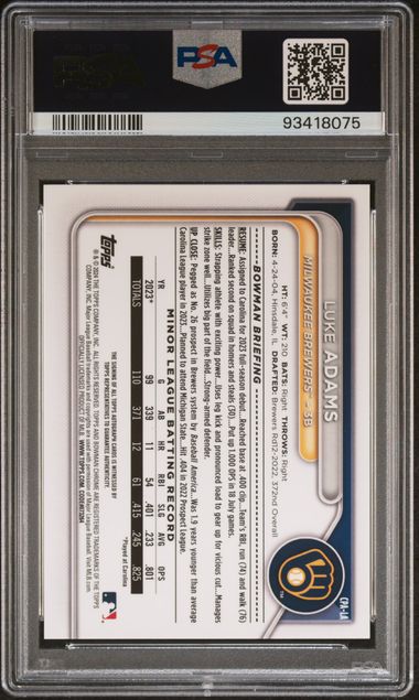 2024 BOWMAN CHROME PROSPECT AUTOGRAPHS LUKE ADAMS CPALA PSA MINT 9