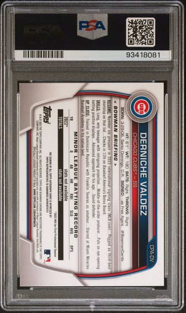 2023 BOWMAN CHROME PROSPECT AUTOGRAPHS DERNICHE VALDEZ   CPADV CH.PROS.AU-SPECKLE PSA GEM MT 10 /299