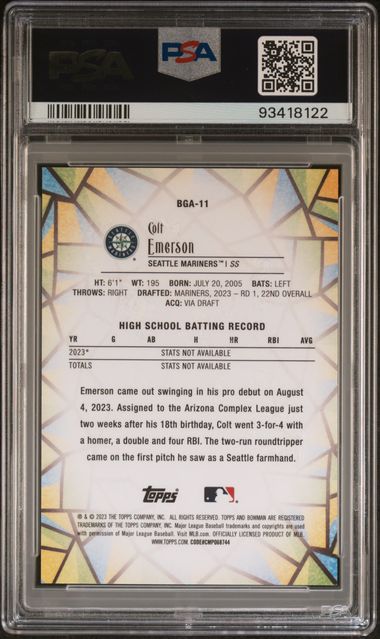 2023 BOWMAN DRAFT BOWMAN GLASS COLT EMERSON   BGA11   PSA GEM MT 10