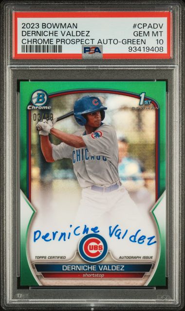 2023 BOWMAN CHROME PROSPECT AUTOS DERNICHE VALDEZ CPA-DV GREEN REF PSA 10 /99