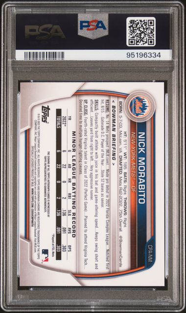 NICK MORABITO 2023 BOWMAN CHROME PROSPECT AUTOS CPA-NM GREEN SHIMMER PSA 10 /99