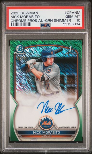 NICK MORABITO 2023 BOWMAN CHROME PROSPECT AUTOS CPA-NM GREEN SHIMMER PSA 10 /99