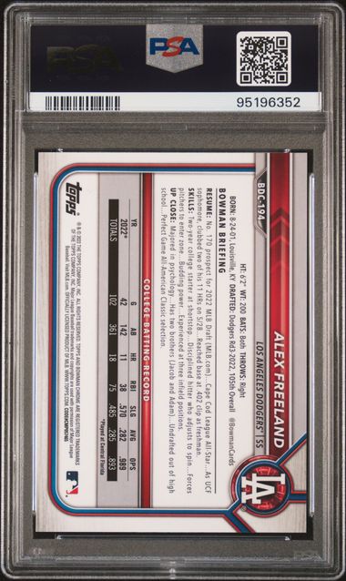 2022 BOWMAN DRAFT CHROME SAPPHIRE EDITION ALEX FREELAND   BDC194  AQUA PSA GEM MT 10  /20