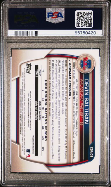2023 BOWMAN DRAFT CHROME PROSPECT AUTOGRAPH DEVIN SALTIBAN   CDADS   PSA MINT 9