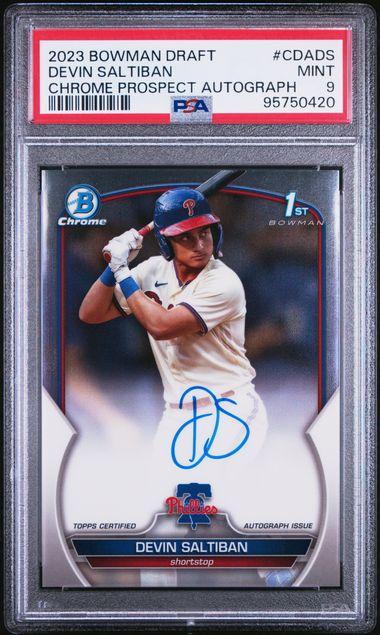 2023 BOWMAN DRAFT CHROME PROSPECT AUTOGRAPH DEVIN SALTIBAN   CDADS   PSA MINT 9
