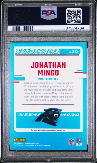2023 PANINI DONRUSS JONATHAN MINGO   312  AUTOGRAPH PSA NM-MT 8