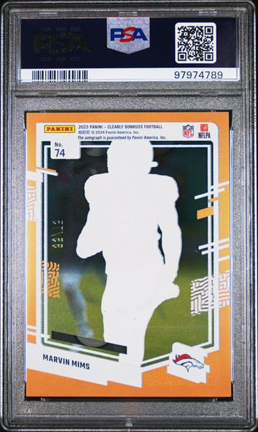 2023 PANINI CLEARLY DONRUSS MARVIN MIMS   74  AUTOGRAPH-ORANGE PSA GEM MT 10  /75