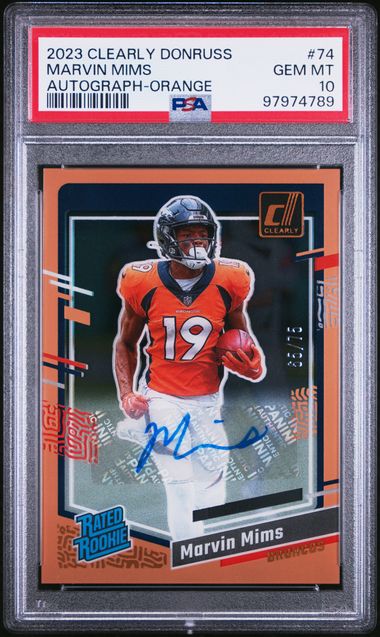2023 PANINI CLEARLY DONRUSS MARVIN MIMS   74  AUTOGRAPH-ORANGE PSA GEM MT 10  /75