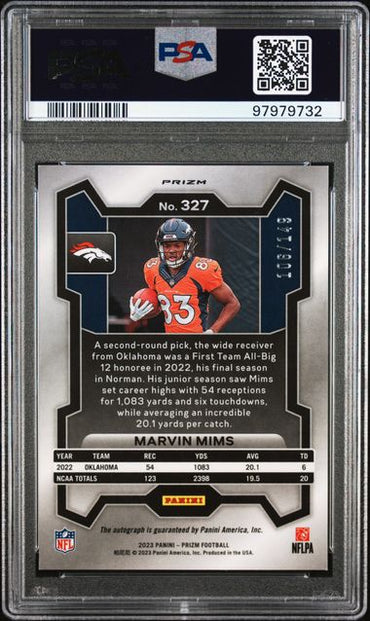 2023 PANINI PRIZM MARVIN MIMS   327  AUTOGRAPH-RED WAVE PSA MINT 9  /149