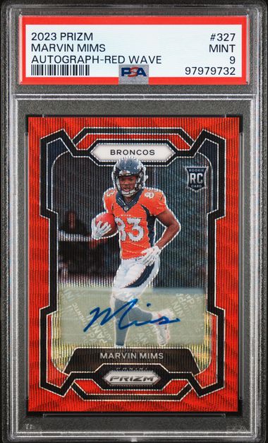 2023 PANINI PRIZM MARVIN MIMS   327  AUTOGRAPH-RED WAVE PSA MINT 9  /149
