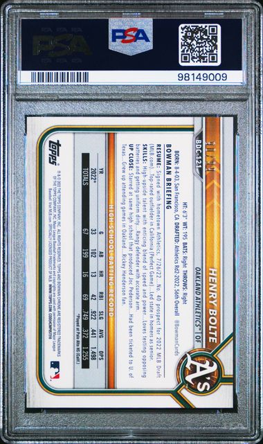 2022 BOWMAN DRAFT HENRY BOLTE   BDC121  CH-GRN.SPARKLE REFRACTOR PSA MINT 9  /99