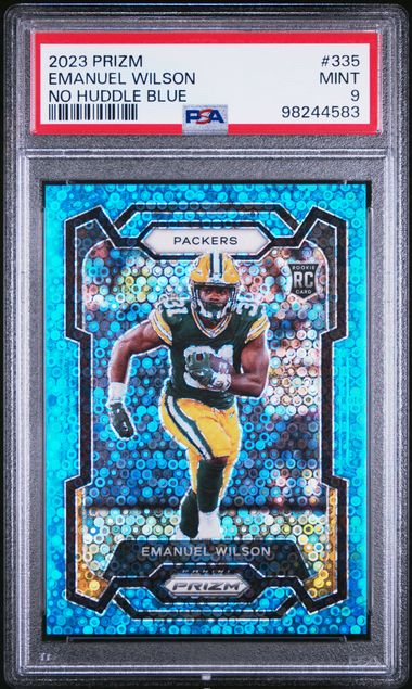 2023 PANINI PRIZM EMANUEL WILSON   335  NO HUDDLE BLUE PSA MINT 9  /95