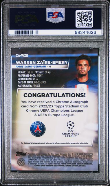 2022-23 TOPPS STADIUM CLUB CHROME UEFA CLUB COMPETITIONS CHROME AUTOGRAPHS WARREN ZAIRE-EMERY   CAWZE   PSA GEM MT 10