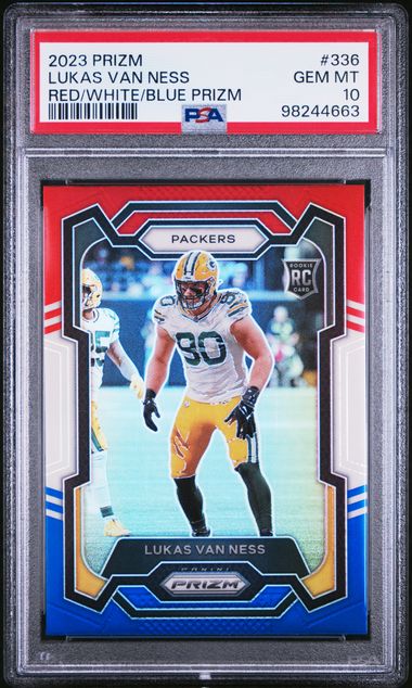 2023 PANINI PRIZM LUKAS VAN NESS   336  RED/WHITE/BLUE PRIZM PSA GEM MT 10